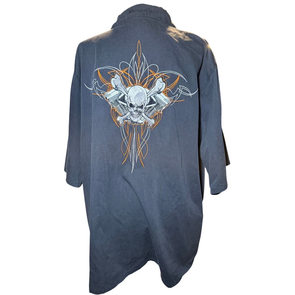 Dragonfly Roadhouse Skull Crossbones Piston Embroidered Button Up Shirt, 2XL